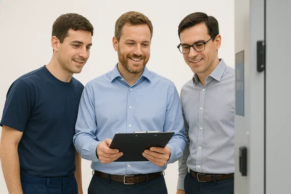 Berater und Produktionsmitarbeiter im Gespräch